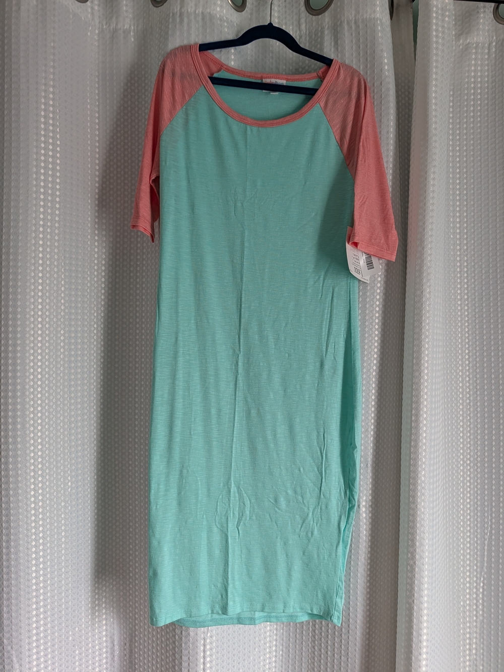 NWT LuLaRoe Julia Dress XXS Mint Green & Pink Raglan Bodycon Midi Tee Dress